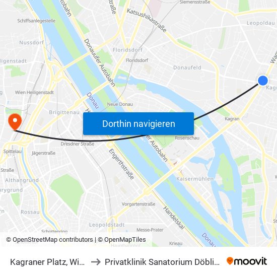 Kagraner Platz, Wien to Privatklinik Sanatorium Döbling map