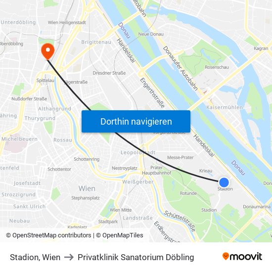 Stadion, Wien to Privatklinik Sanatorium Döbling map