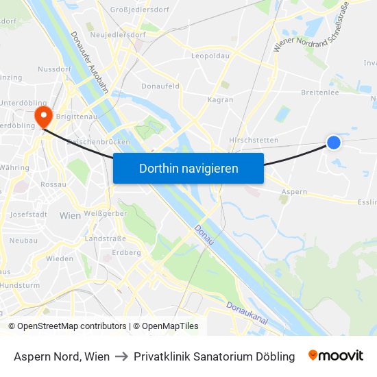 Aspern Nord, Wien to Privatklinik Sanatorium Döbling map