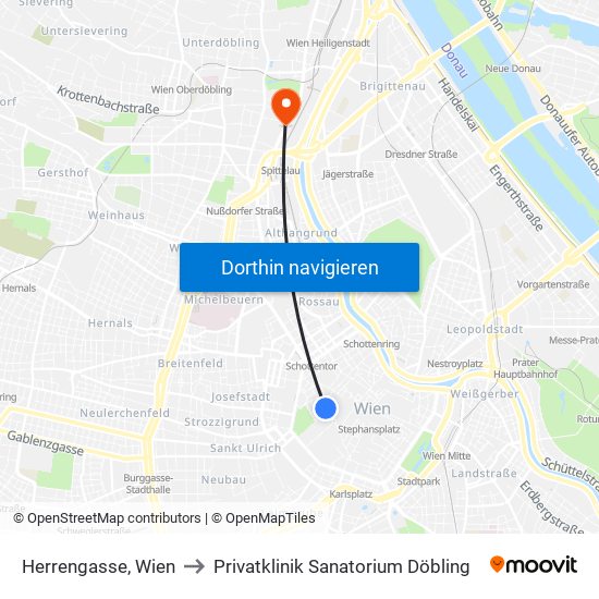Herrengasse, Wien to Privatklinik Sanatorium Döbling map