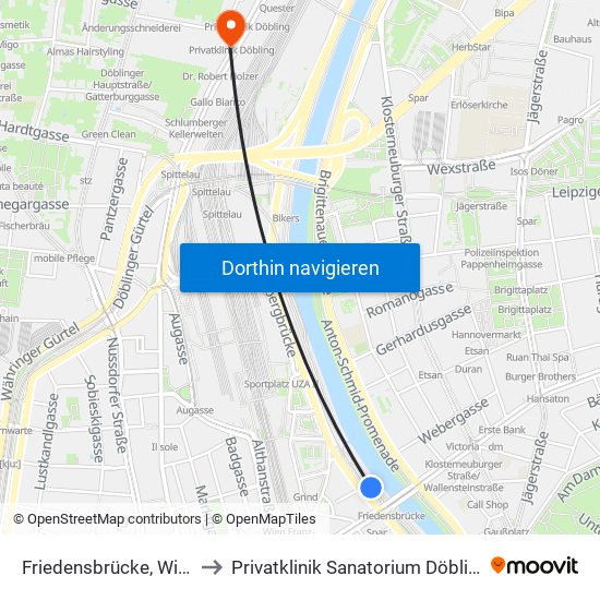 Friedensbrücke, Wien to Privatklinik Sanatorium Döbling map