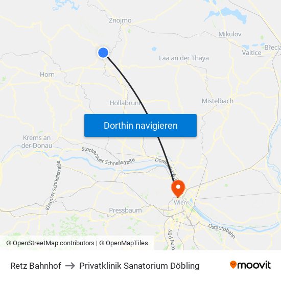 Retz Bahnhof to Privatklinik Sanatorium Döbling map