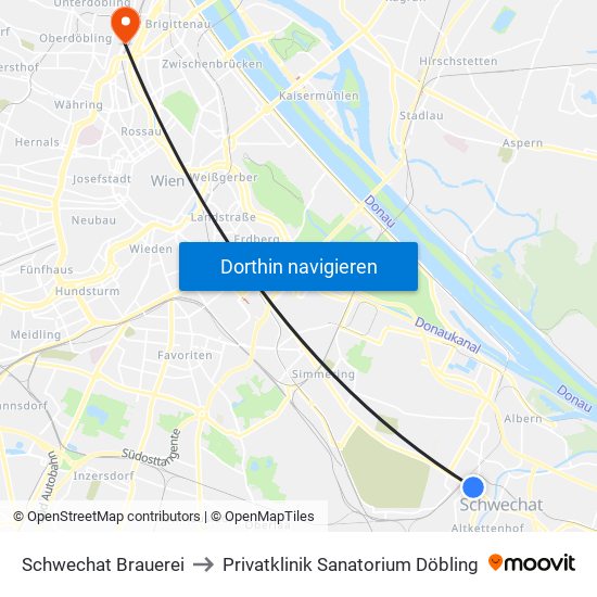 Schwechat Brauerei to Privatklinik Sanatorium Döbling map