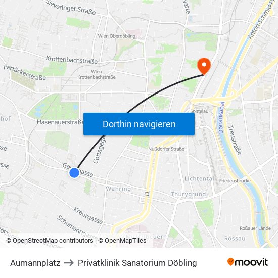 Aumannplatz to Privatklinik Sanatorium Döbling map