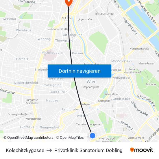 Kolschitzkygasse to Privatklinik Sanatorium Döbling map