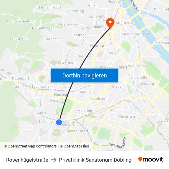 Rosenhügelstraße to Privatklinik Sanatorium Döbling map