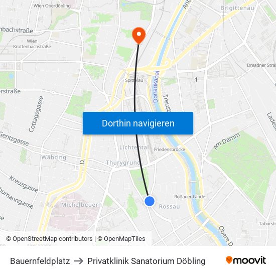 Bauernfeldplatz to Privatklinik Sanatorium Döbling map