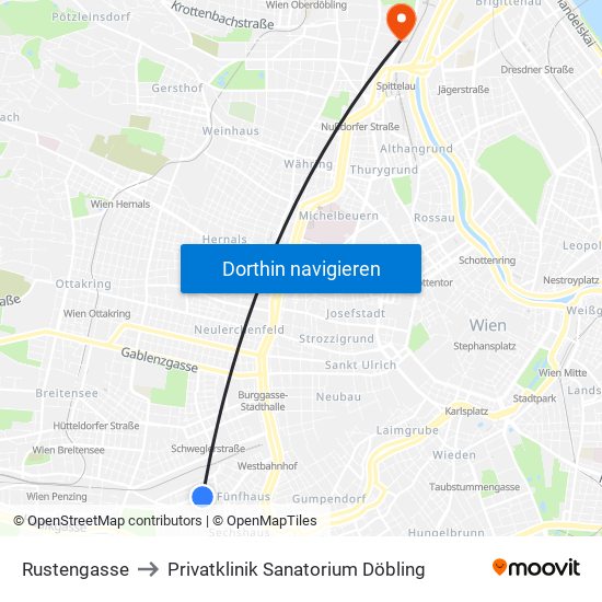 Rustengasse to Privatklinik Sanatorium Döbling map