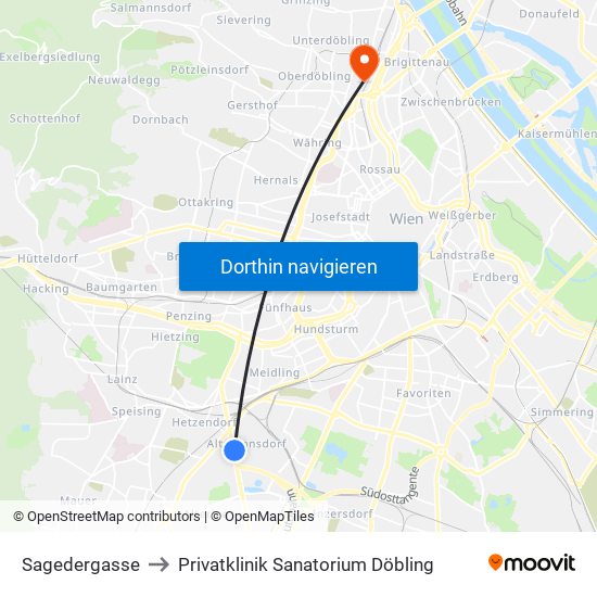 Sagedergasse to Privatklinik Sanatorium Döbling map