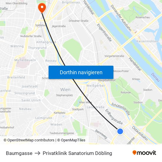 Baumgasse to Privatklinik Sanatorium Döbling map