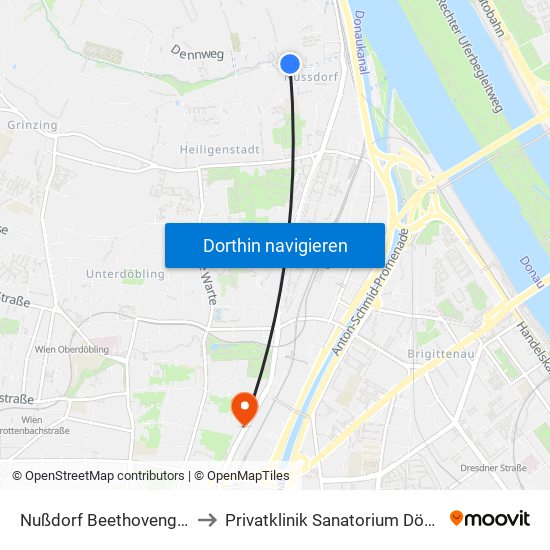 Nußdorf Beethovengang to Privatklinik Sanatorium Döbling map