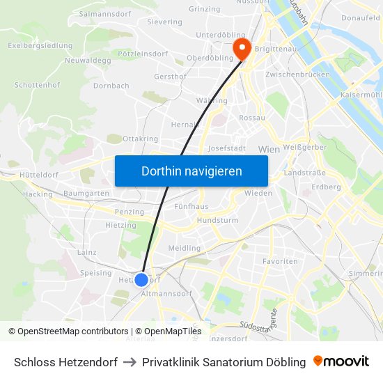 Schloss Hetzendorf to Privatklinik Sanatorium Döbling map