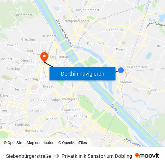 Siebenbürgerstraße to Privatklinik Sanatorium Döbling map
