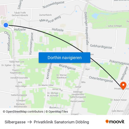 Silbergasse to Privatklinik Sanatorium Döbling map