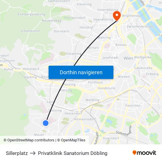 Sillerplatz to Privatklinik Sanatorium Döbling map