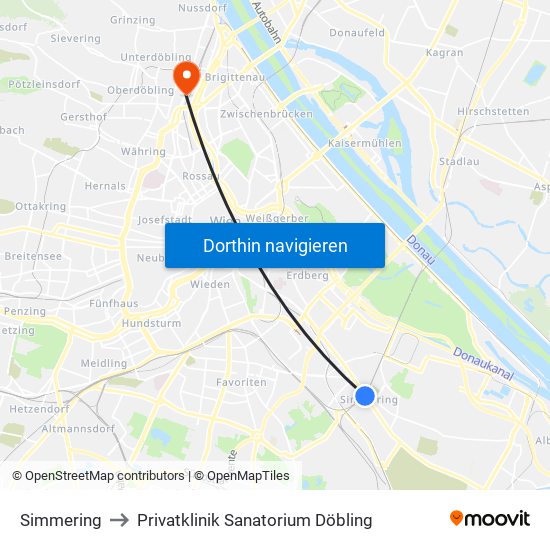 Simmering to Privatklinik Sanatorium Döbling map