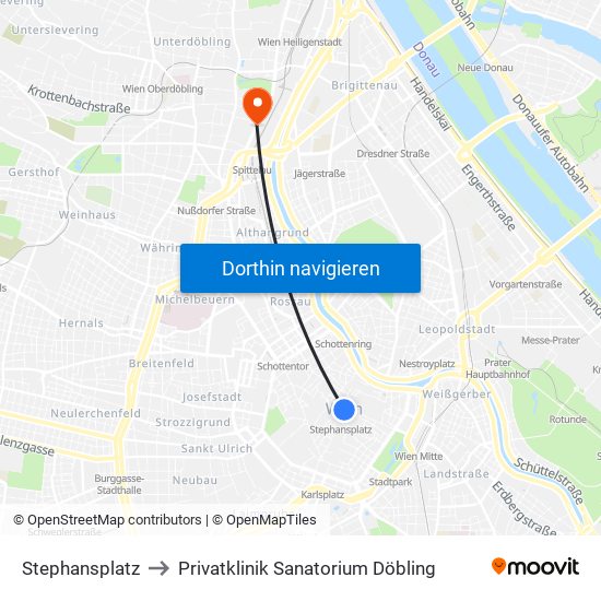 Stephansplatz to Privatklinik Sanatorium Döbling map
