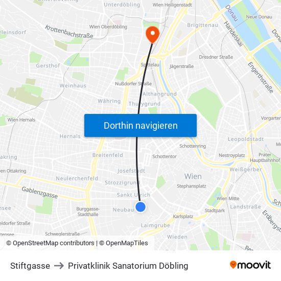 Stiftgasse to Privatklinik Sanatorium Döbling map