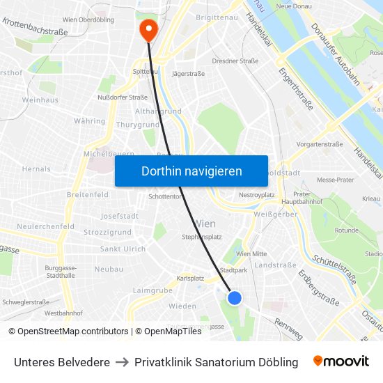 Unteres Belvedere to Privatklinik Sanatorium Döbling map