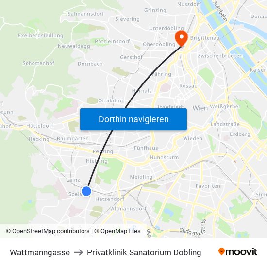 Wattmanngasse to Privatklinik Sanatorium Döbling map