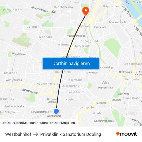 Westbahnhof to Privatklinik Sanatorium Döbling map