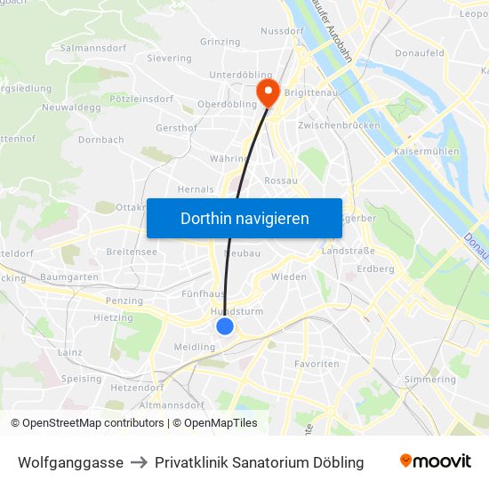 Wolfganggasse to Privatklinik Sanatorium Döbling map