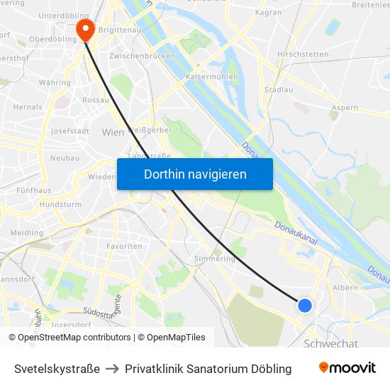 Svetelskystraße to Privatklinik Sanatorium Döbling map