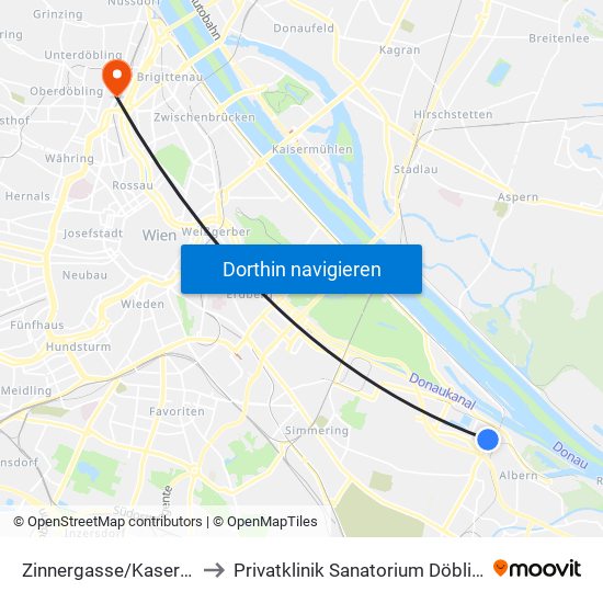 Zinnergasse/Kaserne to Privatklinik Sanatorium Döbling map