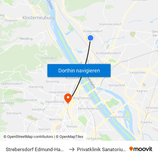 Strebersdorf Edmund-Hawranek-Platz to Privatklinik Sanatorium Döbling map