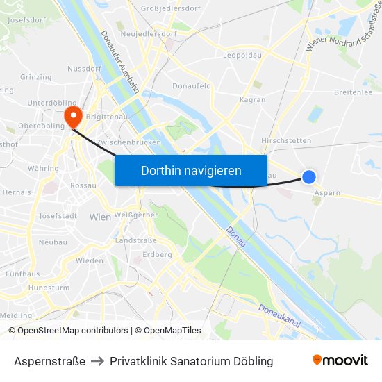 Aspernstraße to Privatklinik Sanatorium Döbling map