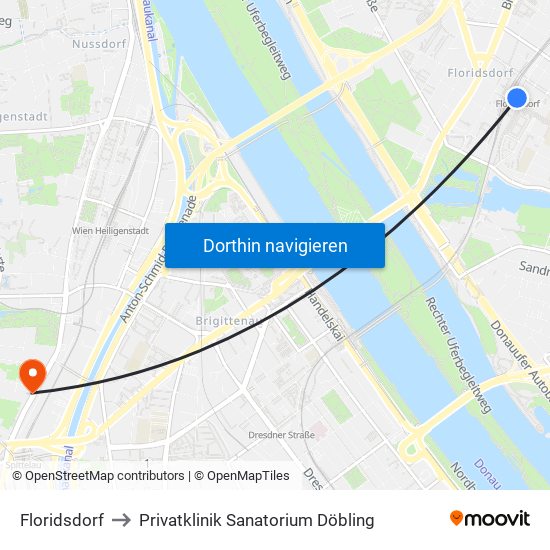 Floridsdorf to Privatklinik Sanatorium Döbling map