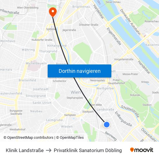 Klinik Landstraße to Privatklinik Sanatorium Döbling map