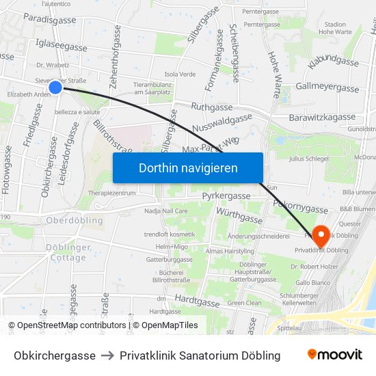 Obkirchergasse to Privatklinik Sanatorium Döbling map