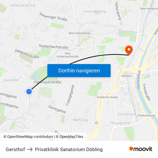 Gersthof to Privatklinik Sanatorium Döbling map