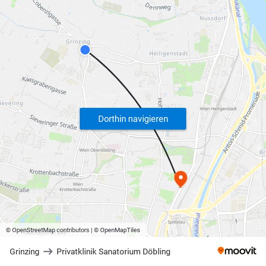 Grinzing to Privatklinik Sanatorium Döbling map