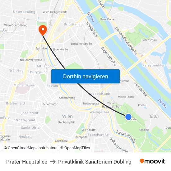 Prater Hauptallee to Privatklinik Sanatorium Döbling map