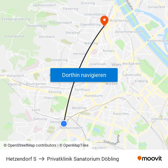 Hetzendorf S to Privatklinik Sanatorium Döbling map