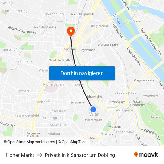 Hoher Markt to Privatklinik Sanatorium Döbling map