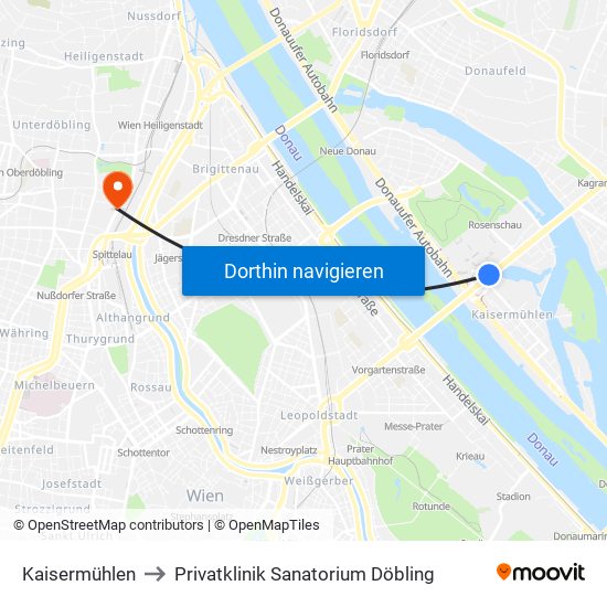 Kaisermühlen to Privatklinik Sanatorium Döbling map