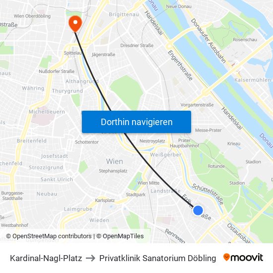 Kardinal-Nagl-Platz to Privatklinik Sanatorium Döbling map