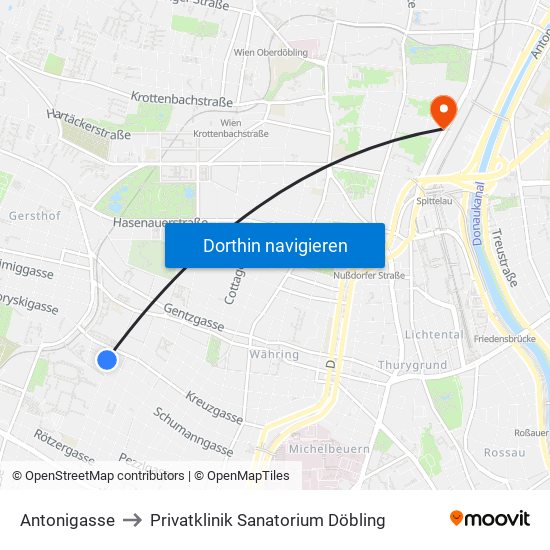 Antonigasse to Privatklinik Sanatorium Döbling map