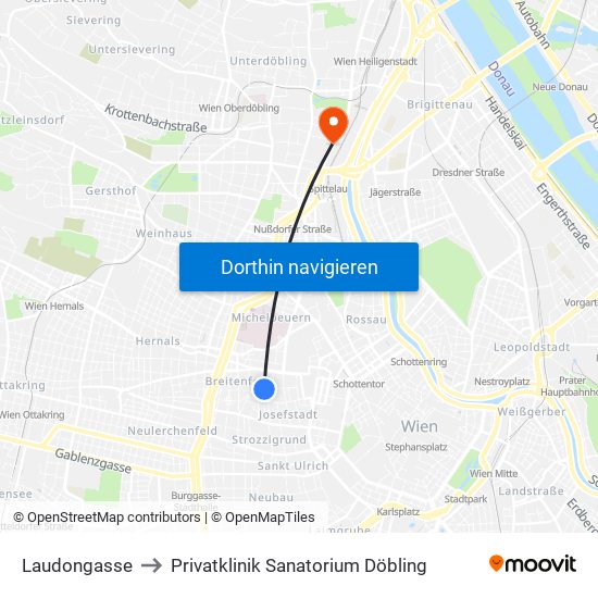 Laudongasse to Privatklinik Sanatorium Döbling map