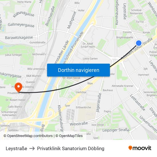 Leystraße to Privatklinik Sanatorium Döbling map