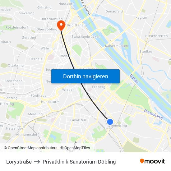 Lorystraße to Privatklinik Sanatorium Döbling map