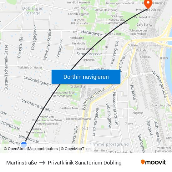 Martinstraße to Privatklinik Sanatorium Döbling map