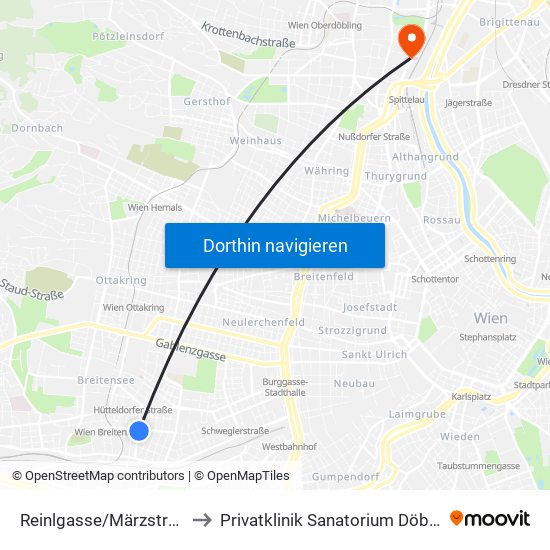 Reinlgasse/Märzstraße to Privatklinik Sanatorium Döbling map