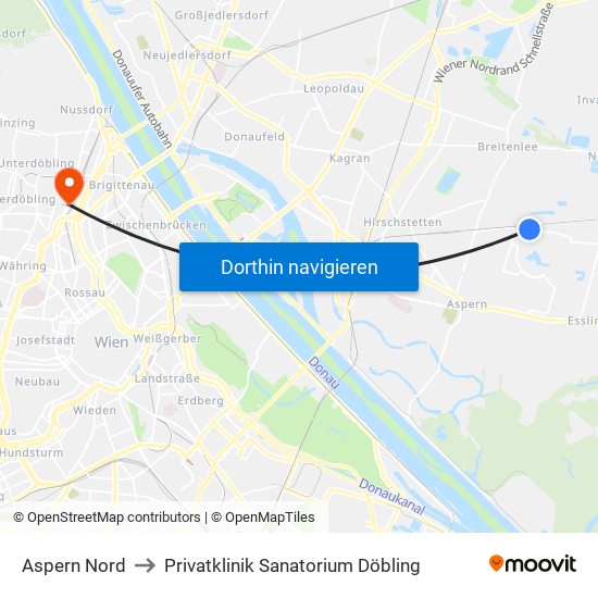 Aspern Nord to Privatklinik Sanatorium Döbling map