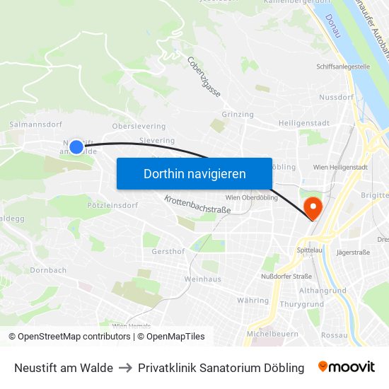 Neustift am Walde to Privatklinik Sanatorium Döbling map