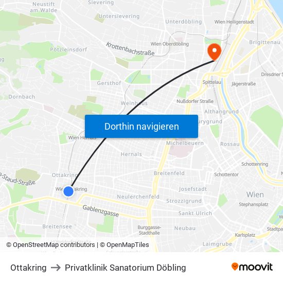 Ottakring to Privatklinik Sanatorium Döbling map