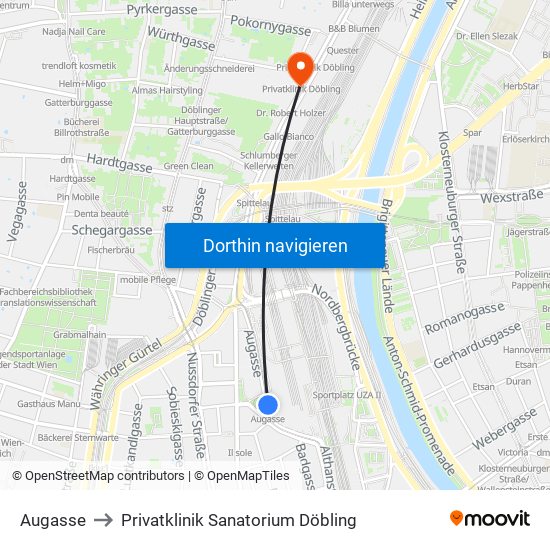 Augasse to Privatklinik Sanatorium Döbling map